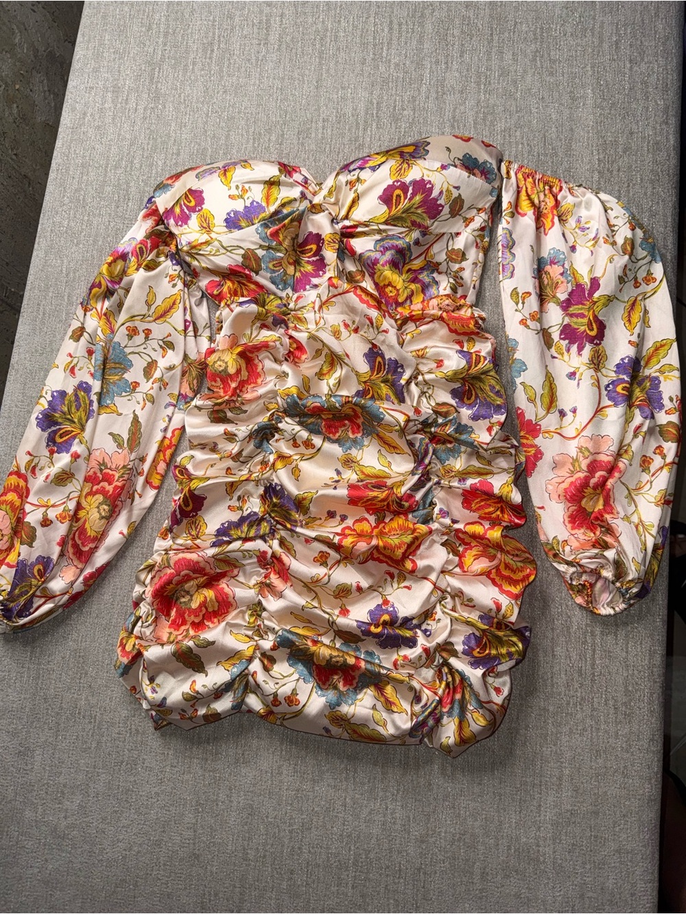 RNWY Sydney Floral Satin Ruched Corset Mini Dress Puff Sleeve Size Small